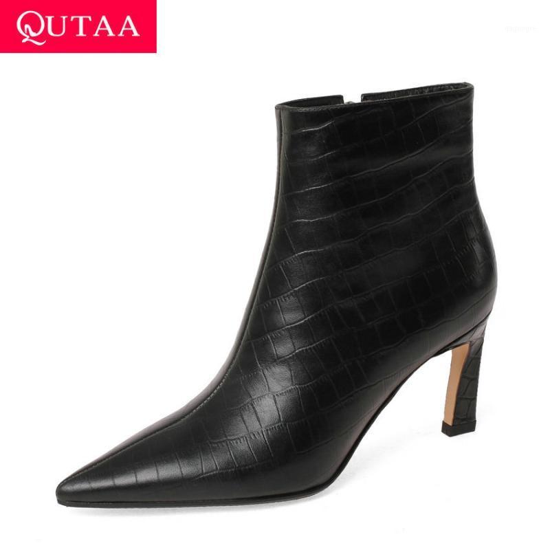 

QUTAA 2020 Cow Leather Autumn Winter Ankle Boots Fashion Thin High Heel Women Shoes Pointed Toe Zipper Short Boots Big Size34-431, Beige