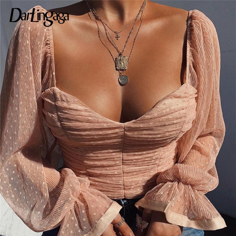 

Darlingaga Square Neck Polka Dot Mesh Blouse Shirt See Through Slim Bodycon Crop Tops Fashion Sexy Shirts Flare Sleeve Clothing, Black