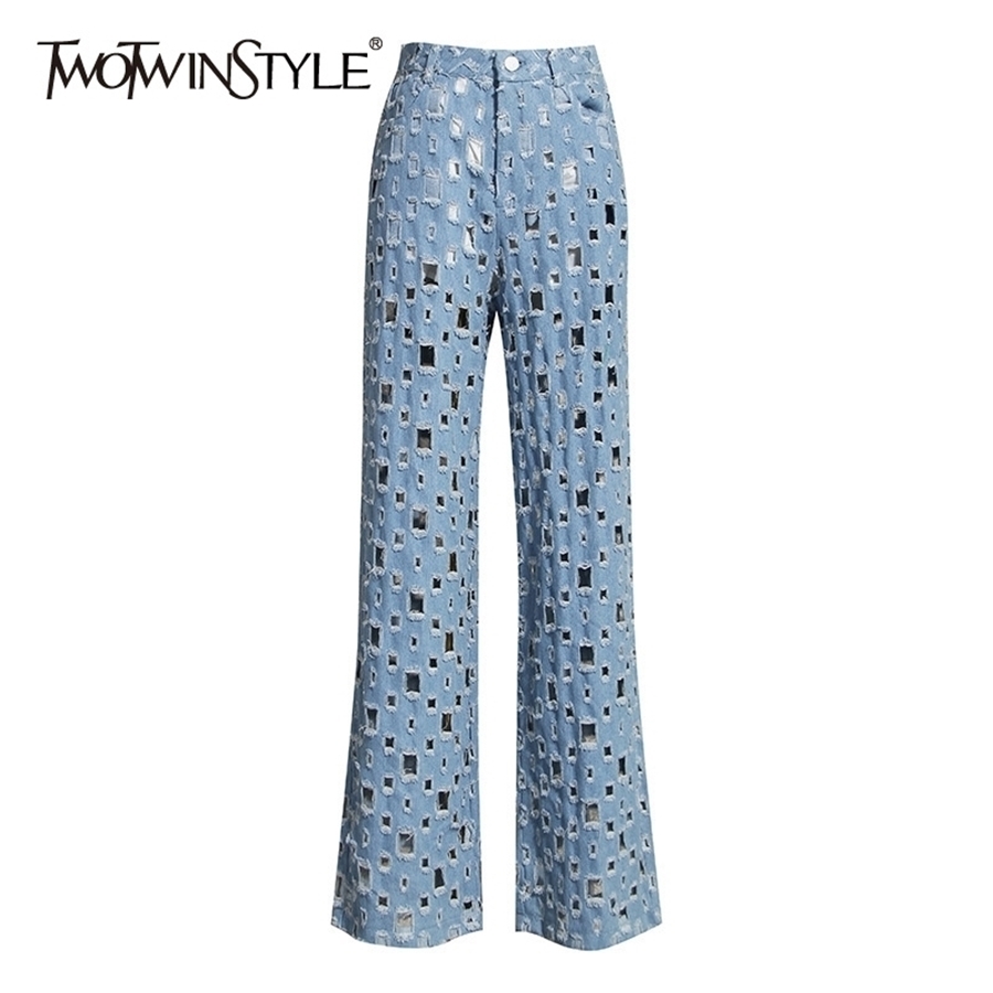 

TWOTWINSTYLE Hollow Out Wide Leg Pants For Women High Waist Ripped Hole Autumn Denim Trousers Female Fashion Clothing Tide 210203, Blue