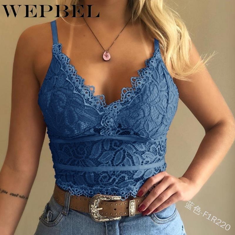 

WEPBEL Women' Sexy V-neck Spaghetti Strap Slim Fit T-shirt Summer Fashion See-through Hollow Out Lace Solid Color T-shirt Vest, Blue