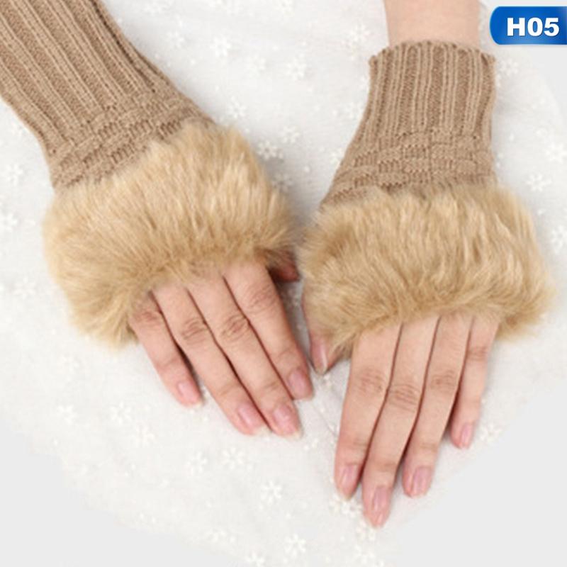 

Winter Gloves Female Fingerless Gloves Without Fingers Pompom Faux Fur Wrist Mittens Knit Patchwork Guantes Plush