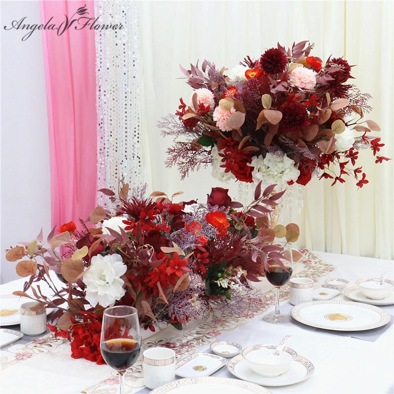 

Homemade artificial flower centerpieces silk pompom olive leaf rose DIY wedding decor dining tabel flower road lead floral row, Orange