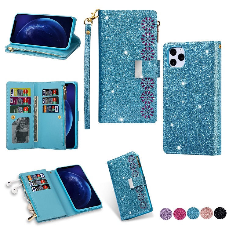 Fashion glittering sequins back zipper hollow flower trifold leather wallet case for iphone 12 11 pro max x xr xs max 6 7 8 plus-image-601357835