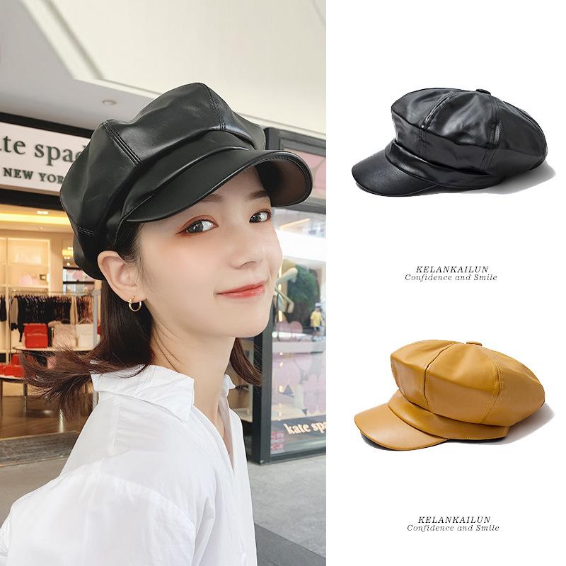 

2020 Fashion Autumn and Winter Brand Quality Black PU Leather Beret Hat Buckle Women's Hat Women's French Painter RH, Yellow