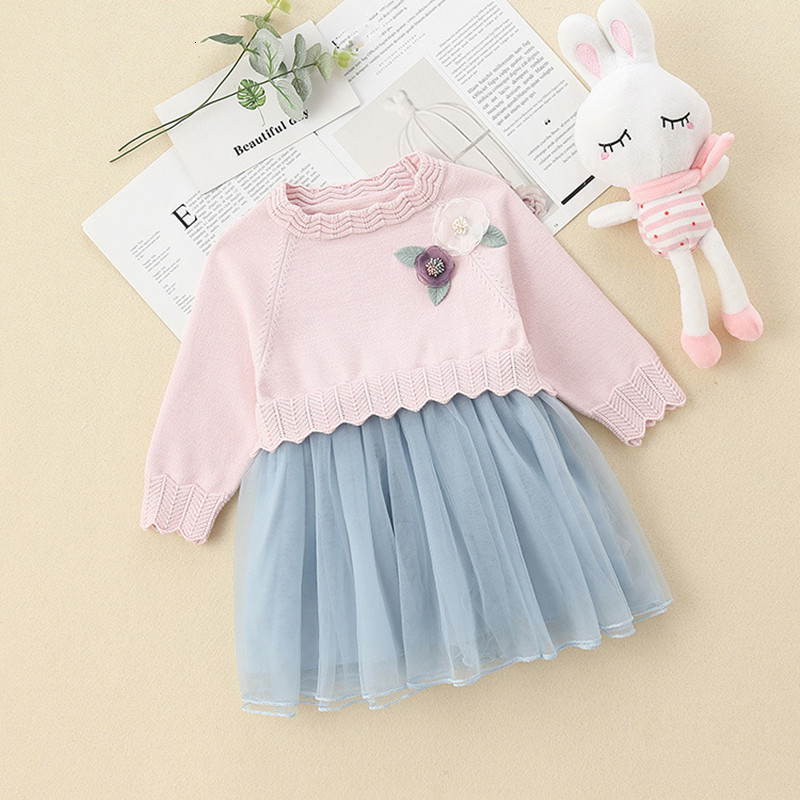 

2021 New Kids Clothes Party Princess Birthday Baby Girls Autumn Sweater Es Ball Gown with Flowers 2edp, Pink
