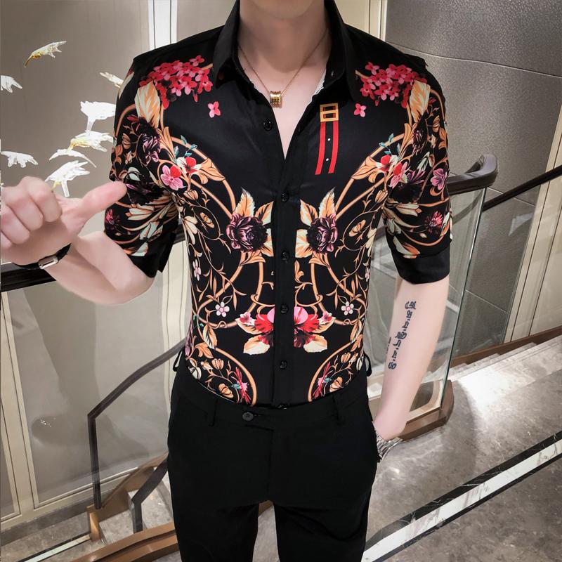 

Summer Shirt Men Personality Print Middle Sleeve Blouse Male Hawaiian Style Slim Floral Shirts Summer New 2020, Black a068-d582-p55