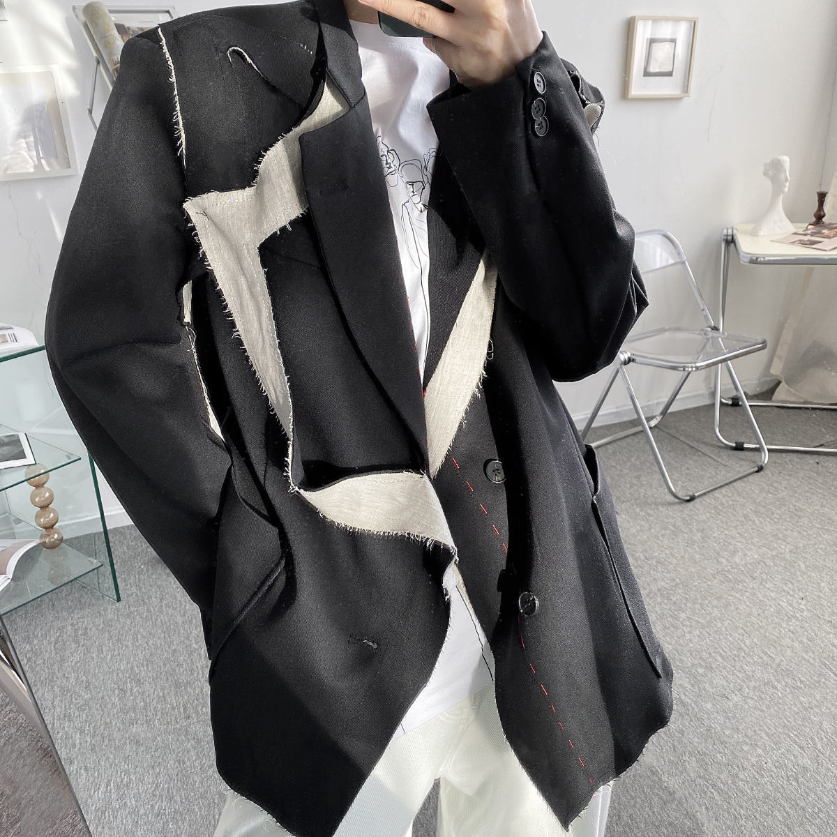 

New Men' Casual Oversize Suit Coat Harajuku Streetwear 2021 Fashion Man Jacket Male Clothing Vintage Style Mbrz, Black