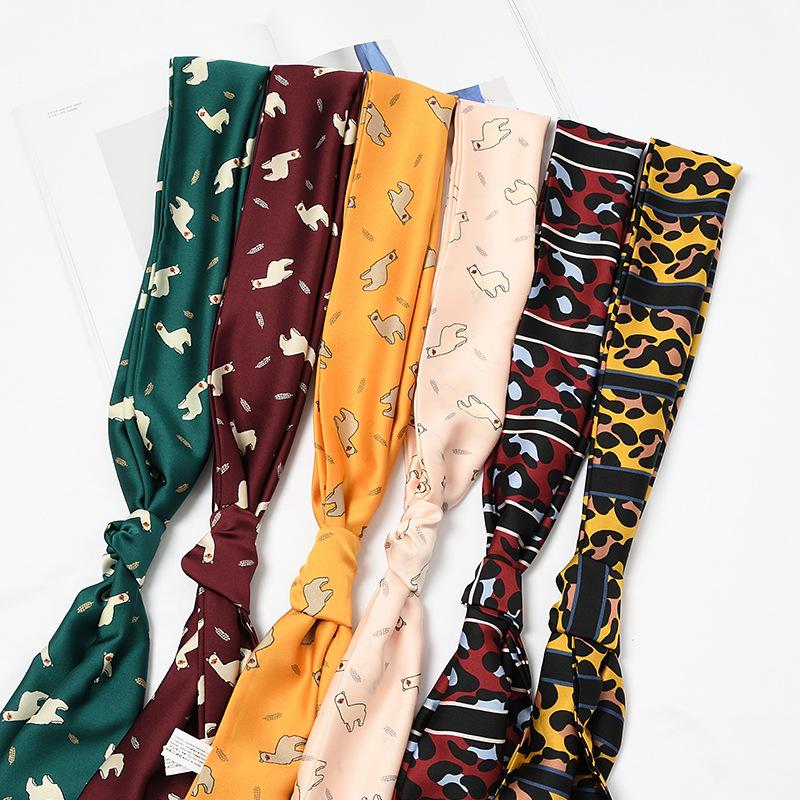 

New Leopard Women Neck Tie Ribbon Silk Scarf Cute bear animal Dot Print Neckerchief Hair Band Bag Handle Wraps Skinny Scarves