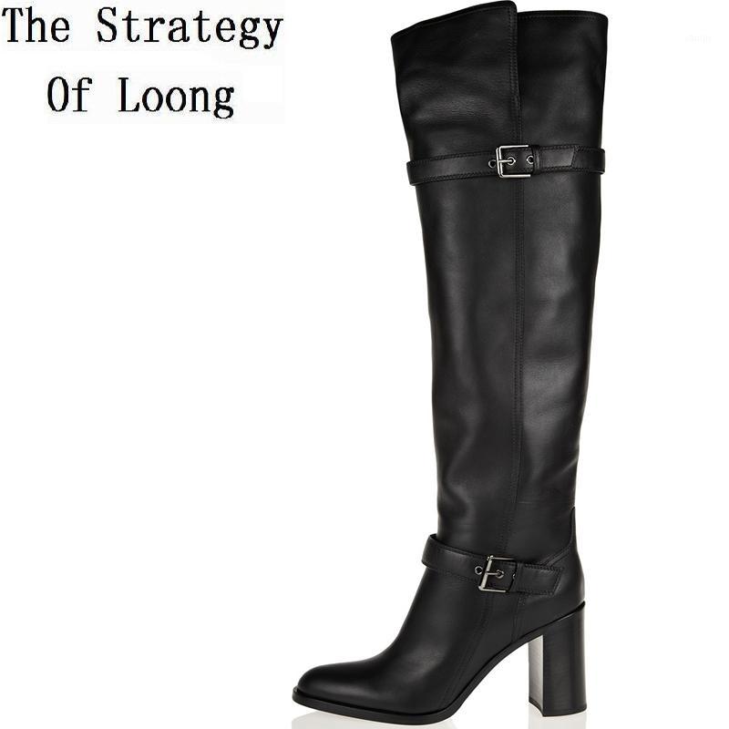 

Women Winter Buckle Genuine Leather Thick High Heels Boots Real Leather Pointed Toe Over The Knee Long Boots Plus Size EU 44 451, Black