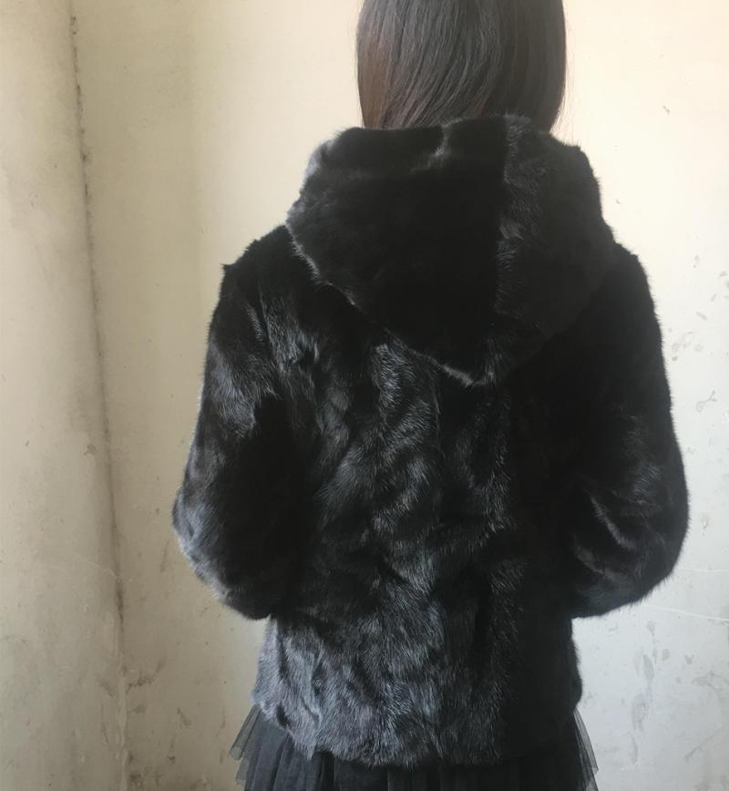

2019 New Women' Real Mink Pieces Fur Coat Hooded Oversize1, Black