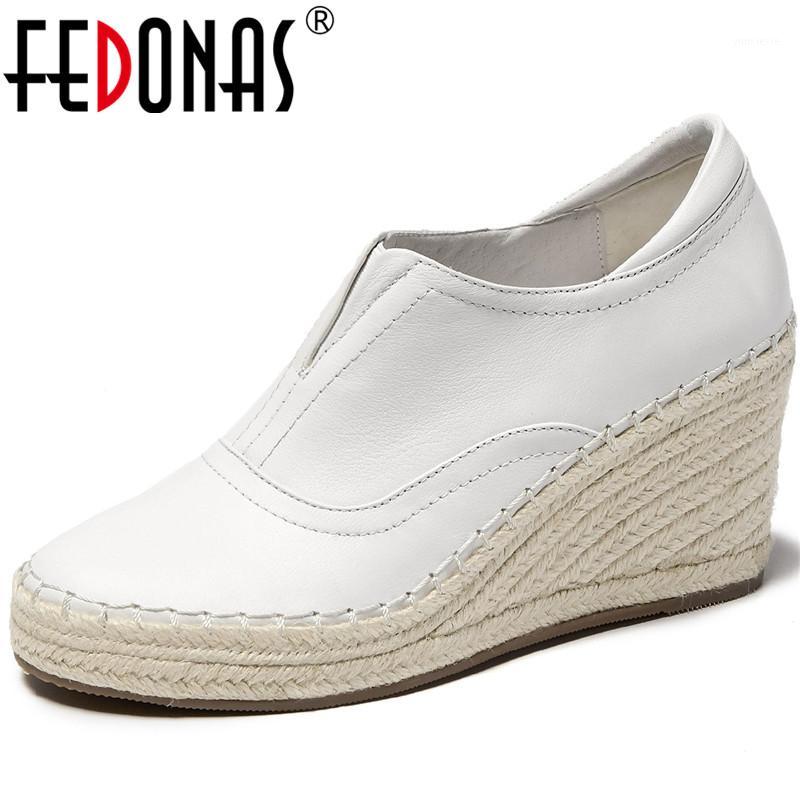 

FEDONAS Concise Shalloe Genuine Leather Handmade Shoes For Women Elastic Band Wedged High Heels Pumps Dancing Party Shoes Woman1, White