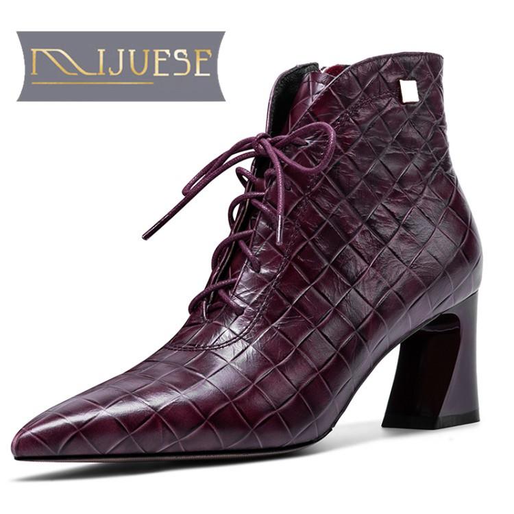 

MLJUESE 2021 women Ankle boots Cow leather Winter short plush Pointed Toe Zipper High heels female boots size 41, Brown