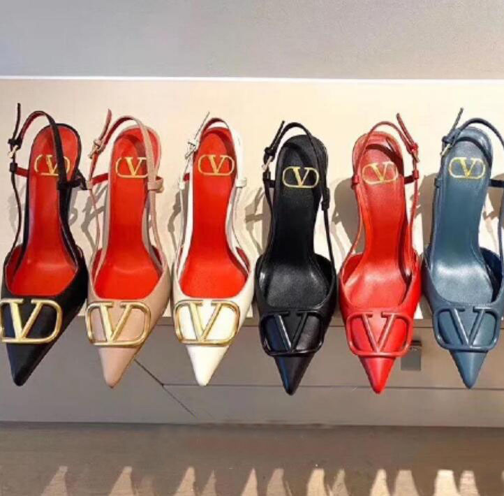 

Classics Women Brand Sandal Metal V-button Genuine Leather Women's Wedding Shoes 6cm 8cm 10cm Thin Heel Pointed Toe Big Size 43 C0202, Black