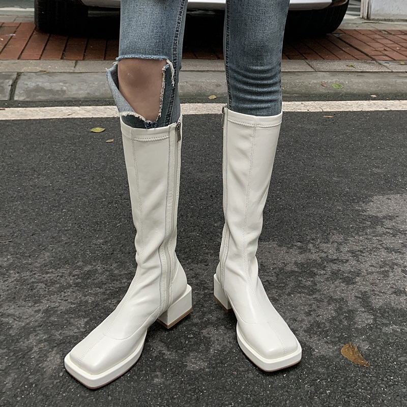 

2021 Sexy Elegant Toe Women Knee Tall Retro Black Boots Big Heels Lady Party Shoes Woman 39 D3h3, Beige white