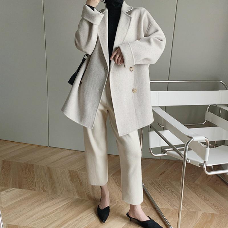 

Women Coat 2020 Autumn and Winter New ashionable Casual Double-breasted Wool Blend Womens Winter Coats, Beige
