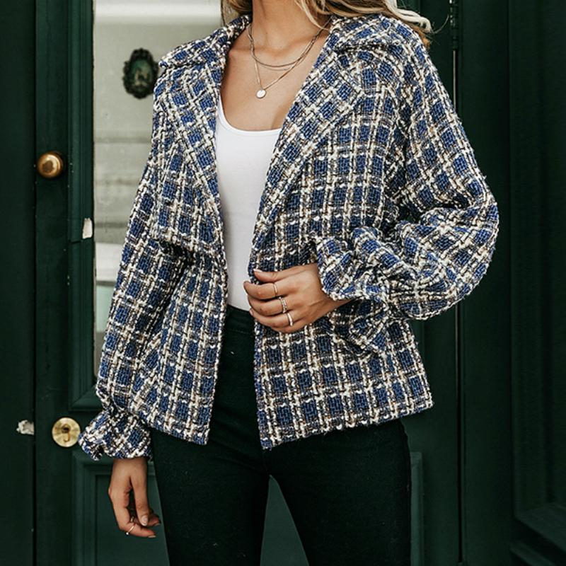 

Winter Women Plaid Tweed Jacket Coat Lantern Sleeve Streetwear Female Outwear Coat Elastic High Waist Ladies Plus Size, Blue