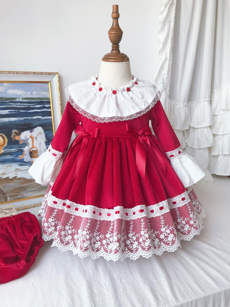 

Baby Girl Autumn Winter Red Velvet Long Sleeve Lace Vintage Spanish Lolita Princess Ball Gown Dress for Girl Christmas Casual, As pic