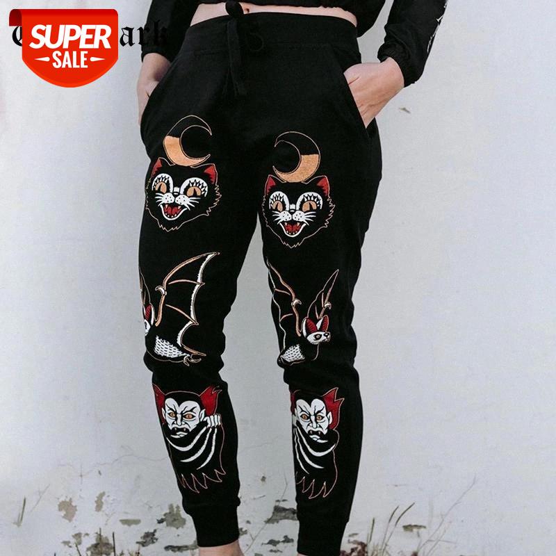 

Goth Dark Harajuku Gothic Graphic Print Pants Fashion Streetwear Slim High Waist With Pocket Joggers Trousers For Women Autumn #Qw5E, Black;white