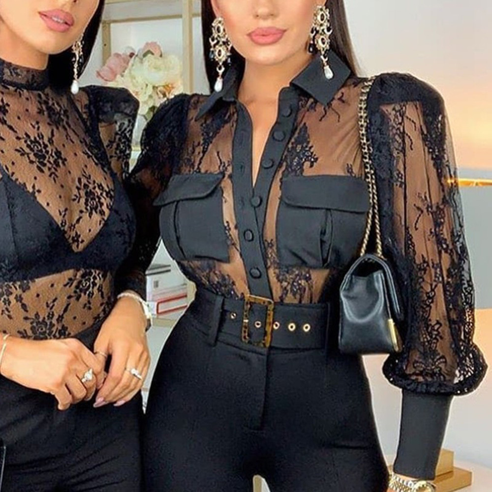 

2021 Sexy Black Woman' Lace Blouse Mesh See Through Long-sleeved Transparent Summer Elegant Office Shirts I0oj