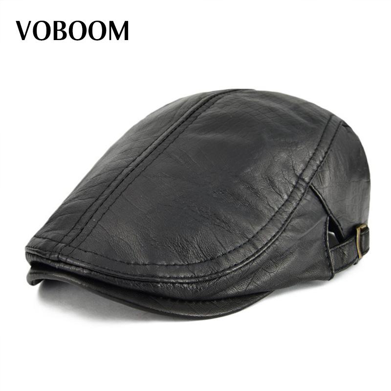 

VOBOOM Genuine Leather Spring Summer Winter Autumn Men Women Ivy Flat Cap Adjustable Beret Cabbie Hat 122, Black