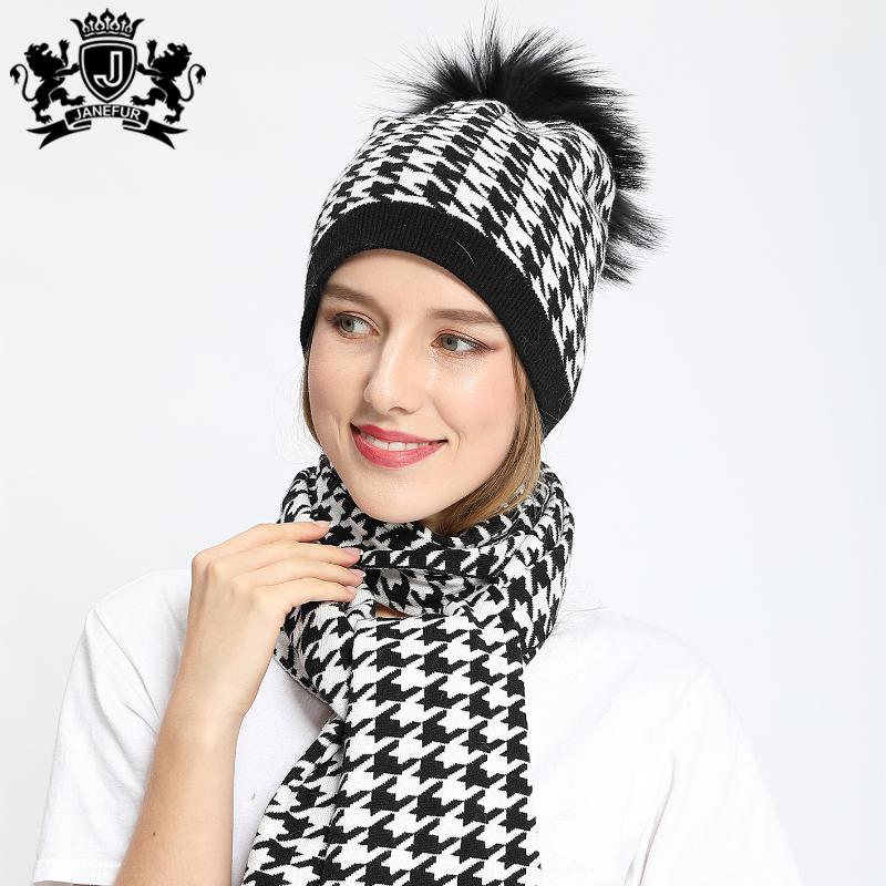 

Janefur New Design Winter Warm White and Black Houndstooth Angora Beanie Scarf with Fur Pom Pom