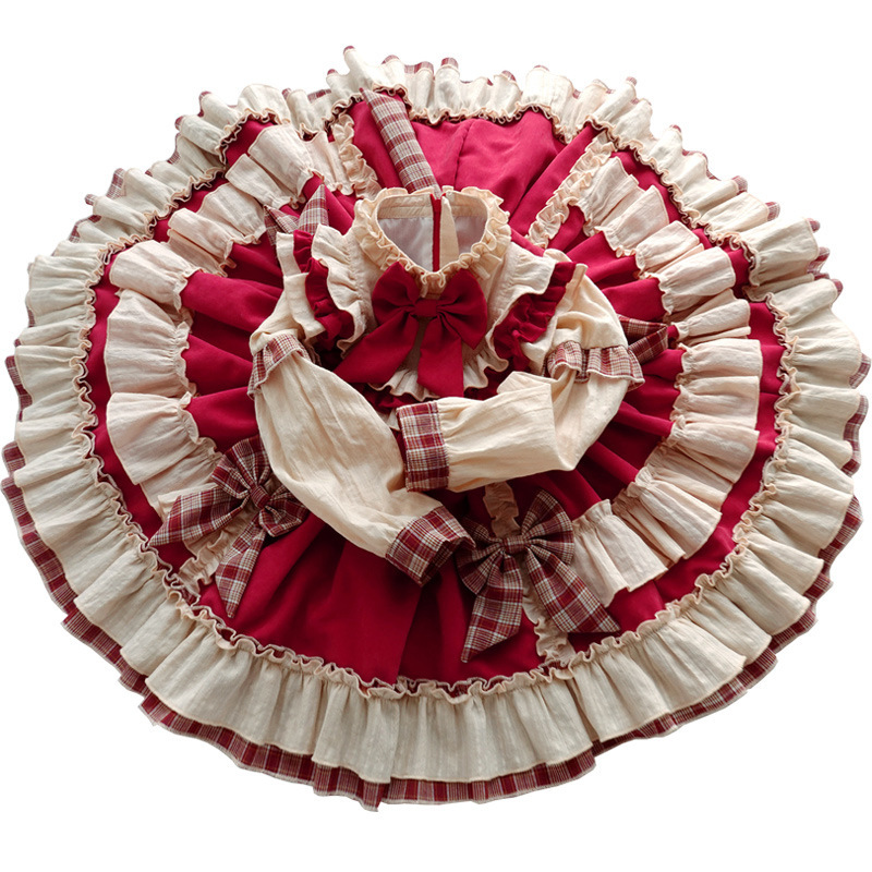 

2021 New Baby Autumn Lace Vintage Spanish Lolita Princess Ball Gown for Girl Birthday Easter with Hairband 0-6y Whm2, Red