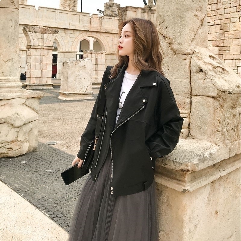 

New High 2021 Quality Spring Faux Female Jacket Turn-down Collar Black Short Plutonium Leather Jackets 43Y1