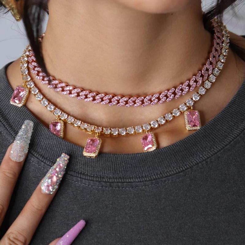 

2020 Blue pink blue cubic zirconia cz two tone color Miami cuban link chain necklace iced out choker hip hop women men jewelry