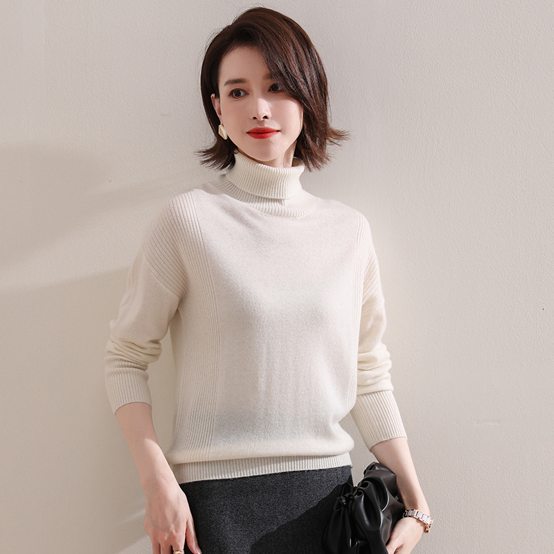 

2021 quality High Collar 6 Female Winter Blouses 100% Pure Knitted Sweaters Standard Wool Women's Clothing Tops HQ6A, Ivory