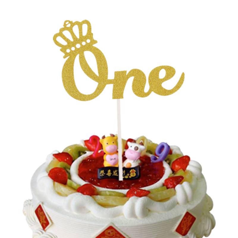 

Lovely Crown One Cake Toppers Happy Birthday Cake Flag Baby Shower Birthday Anniversary Party Decor Gold Silver
