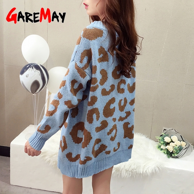 

Autumn Winter Knitted Leopard Sweaters Women Korean V Neck Thick Print Cardigan Coat Loose Button Outwear Tops 201203, Yellow