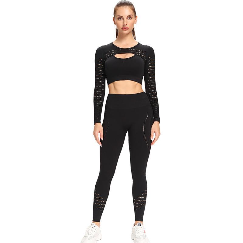 

Mesh Seamless 2 Piece Gym Yoga Set Women Fitness Workout Clothing Long Sleeves Sport Outfit Training Suit Female Sexy Sportswear, Black