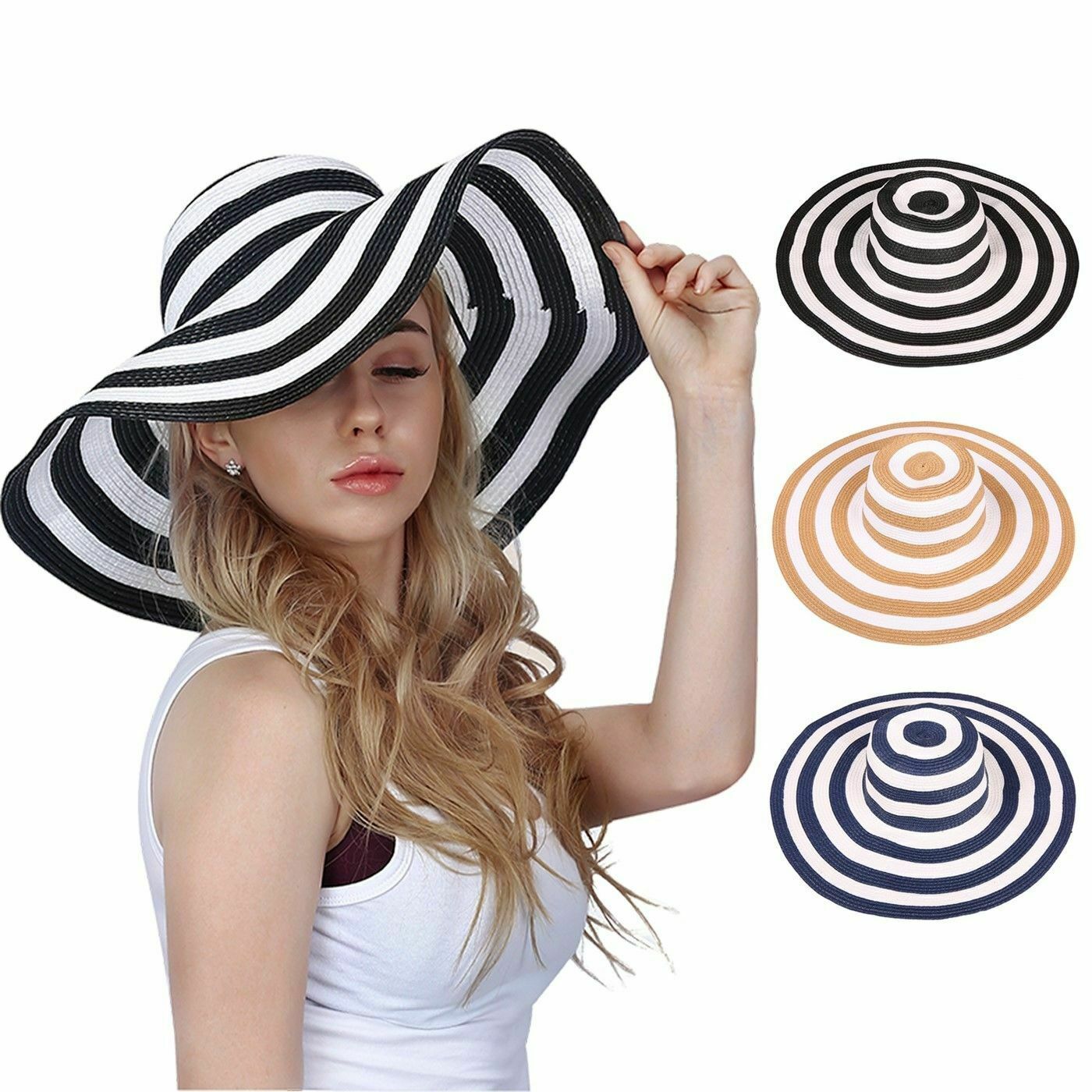 

New Women Ladies Summer Wide Brim Straw Hat Floppy Beach Sun Foldable Cap, White
