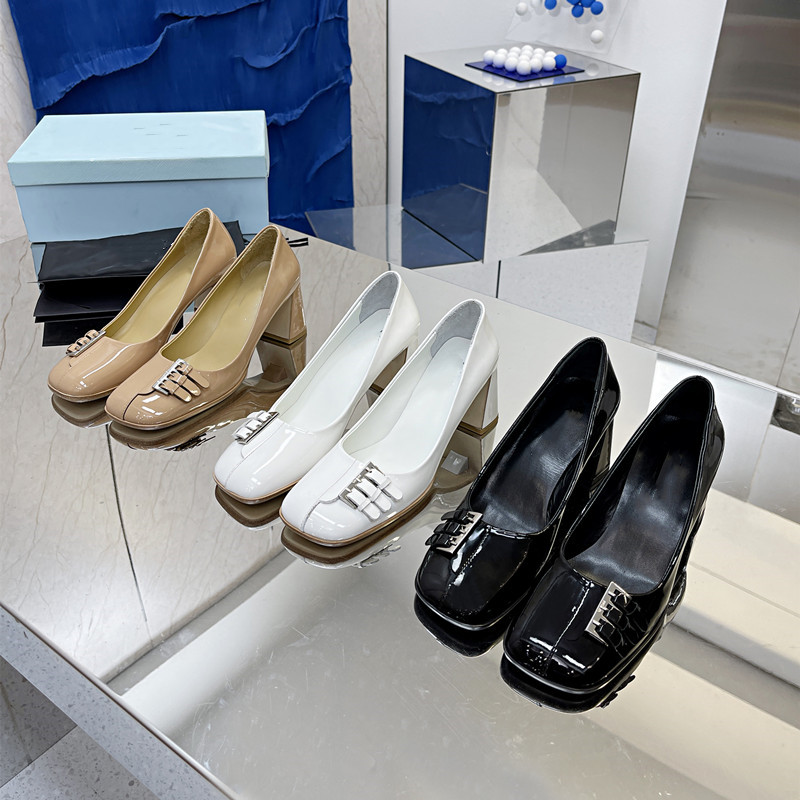 

designer shoes 2022 Women's Shoe Square head 6.5cm high-heeled Top quality Leather sole early spring new Rhinestone Silver Black white Apricot lulu big size35-40