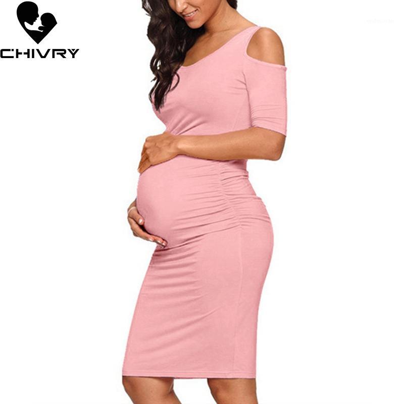 

Chivry New Maternity Women Pregnancy Dresses Mama Clothes O-Neck Solid Off Shoulder Bodycon Pregnant Women Casual Dress1, Black