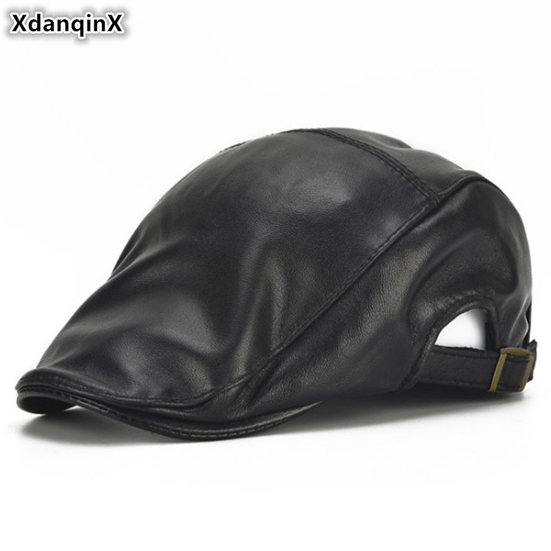 

XdanqinX Adjustable Size Men's Genuine Leather Hat Simple Beret Men Brands Sheepskin Leather Cap Snapback Caps Dad's Berets Hats, Black