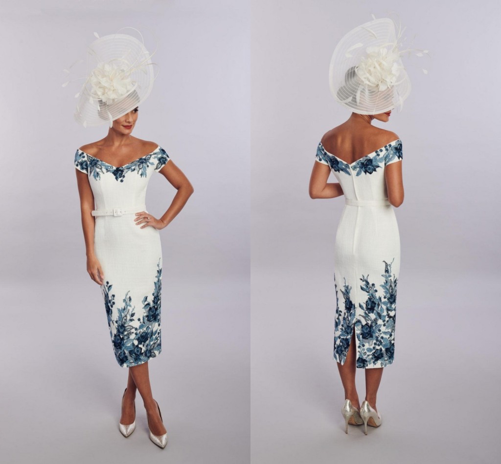 

Sheath Modern Mother of The Bride Dresses Off Shoulder Short Sleeve Satin Applique Sash Wedding Guest Dresss Tea Length Evening Gown AL8624