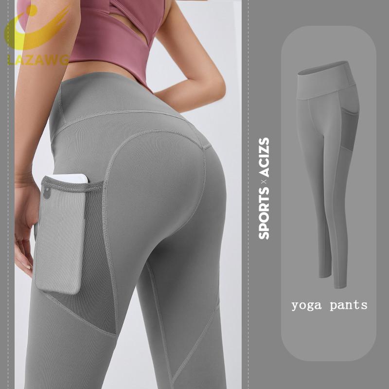

LAZAWG Women Yoga Pants with Pocket High Waist Solid Sports Leggings Athletic Long Tights Fitness Gym Run Workout Trousers XXL, Rock gray
