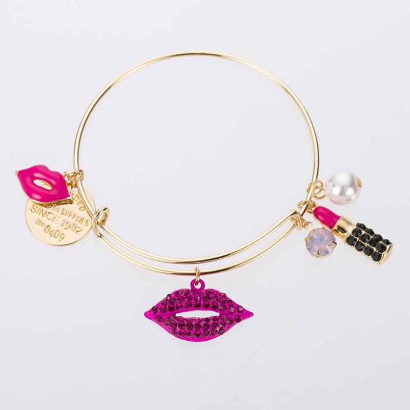 

Adjustable expandable wire two tone rhinestone lipstick charm bangle Bracelet