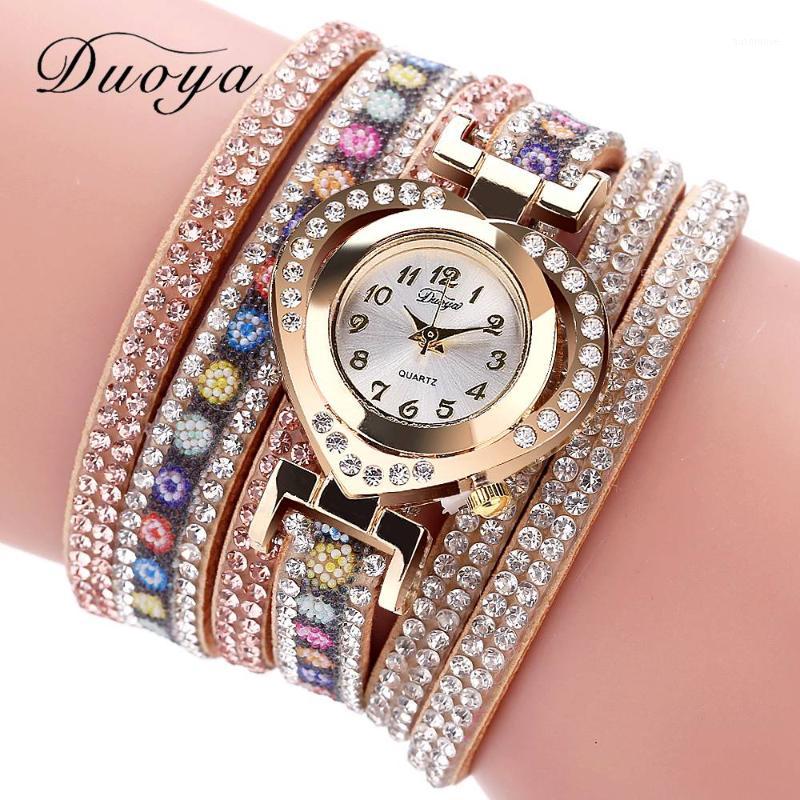 

Women Bracelet Watch Duoya Brand Fashion Dress Clock Flower Watch Ladies Wrist Gold Heart Rhinestone Vintage1, Black