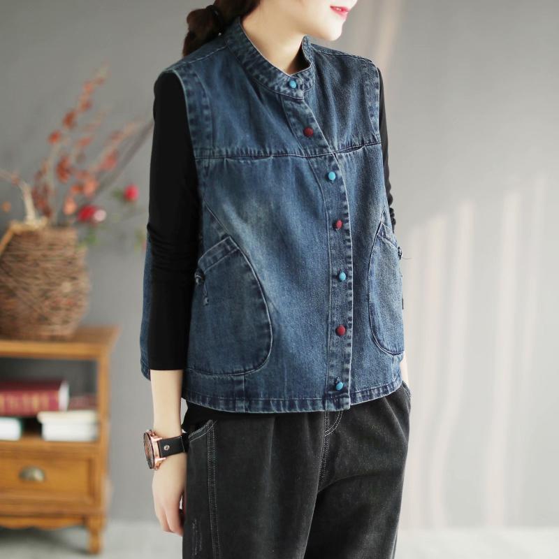 

2021 Spring Denim Vests Women Retro Solid Color Vintage Loose Color Buttons Pockets Female Fashion Tops, Black