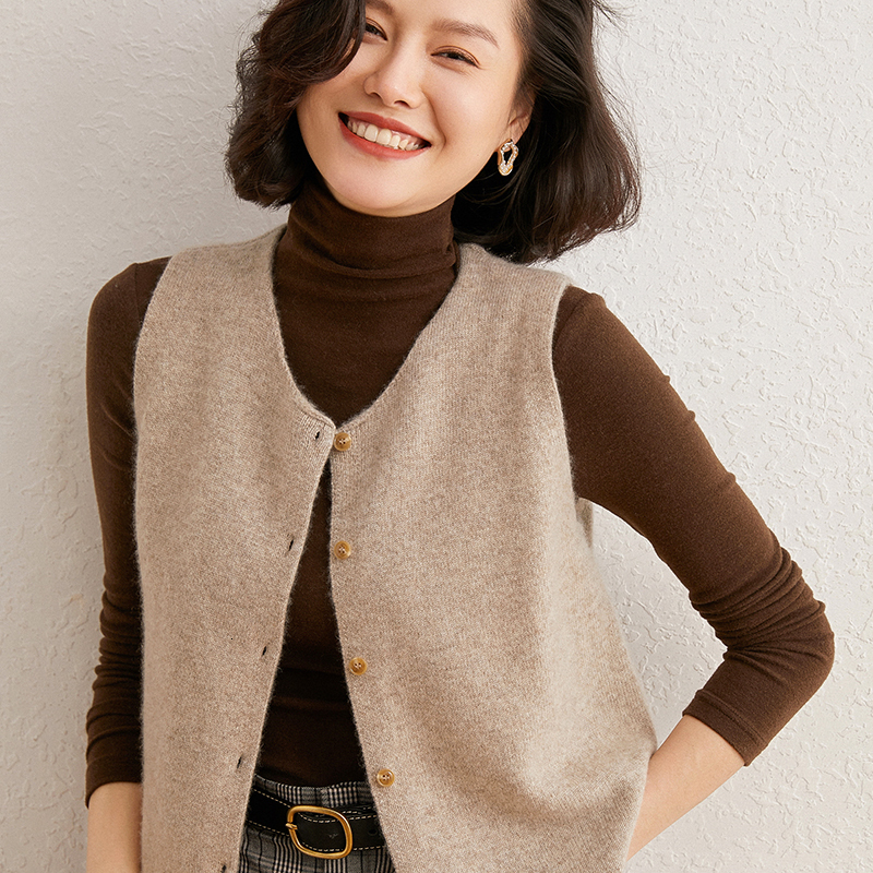

2021 High quality Women Without Sleeves 100% Cashmere Knitting Goat Vest Winter Soft Oneck Hot Women' Blouses Standard Tops 3 Colours AT5V, Dark camel
