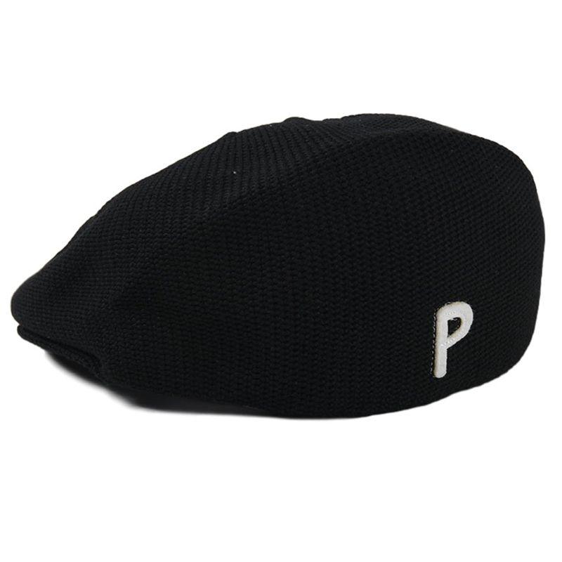 

Women Knitted Beret Cap with Visor Letter Alphabet Vintage Painter Duckbill Hat, Black