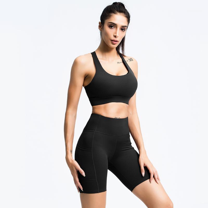 

2020 New Style High Waist Pocket Yoga set, Women Quick-Dry Sports Suit Fitness Tights Tracksuit Women 2 pieces suit workout1, Black