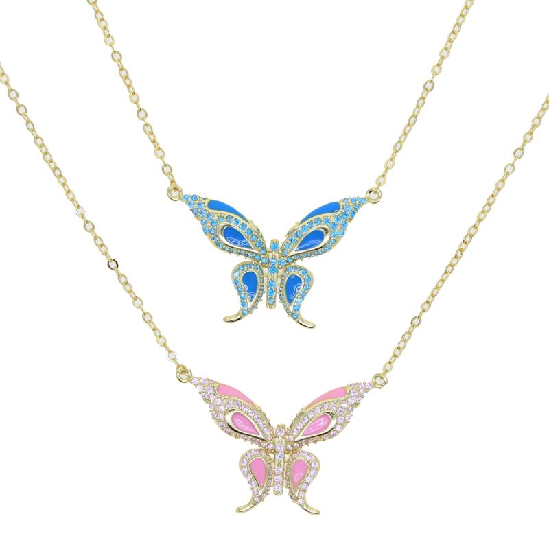 

2021 Valentine's Day Gift For Girlfriend Pink Blue Enamel Cute Lovely Butterfly Pendant Gold Plated CZ Colorful necklace