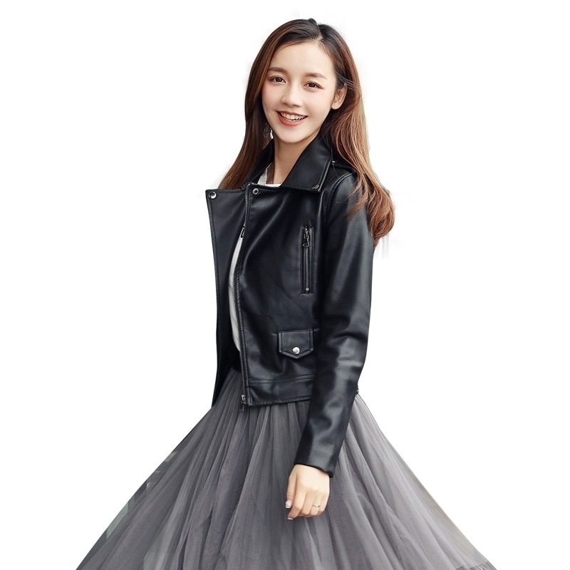 

New Female 2021 Leather Jacket, Basic Black White Short Jacket for Biker, Spring and Autumn 0Y7O