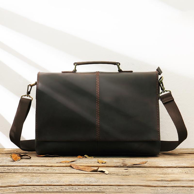 

Handmade Leather Men's Bag Business Bag Head Layer Leather Handbag Men Retro Computer Messenger Horizontal Section Briefcase, As the picture show