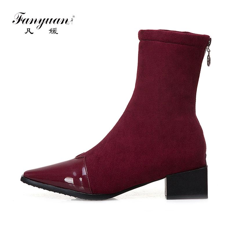 

Fanyuan Winter Flock Zipper women boots women plush warm Basic boots Sexy Pointed Toe mid-calf Square heel Knight, Red with fur