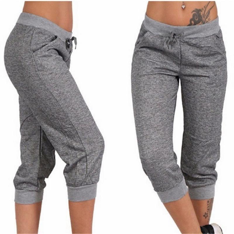 

Women Casual Cropped Trousers Summer Pockets Joggers Harem Pants Female Capri Pants Calf-Length Drawstring Street Wear mujer, Dark gray