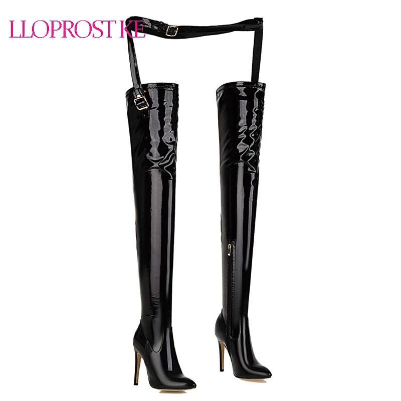 

Lloprost ke 2020 winter new European sexy fashion stiletto pointed super high heel over the knee boots with buckle plus size 49, Black